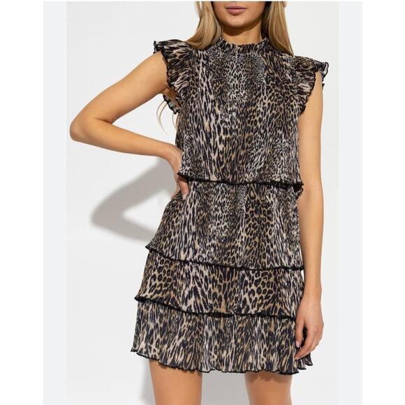 ALL SAINTS Antheia Kiku Plissé Leopard Print Tiered Mini Dress 0 - Picture 1 of 7